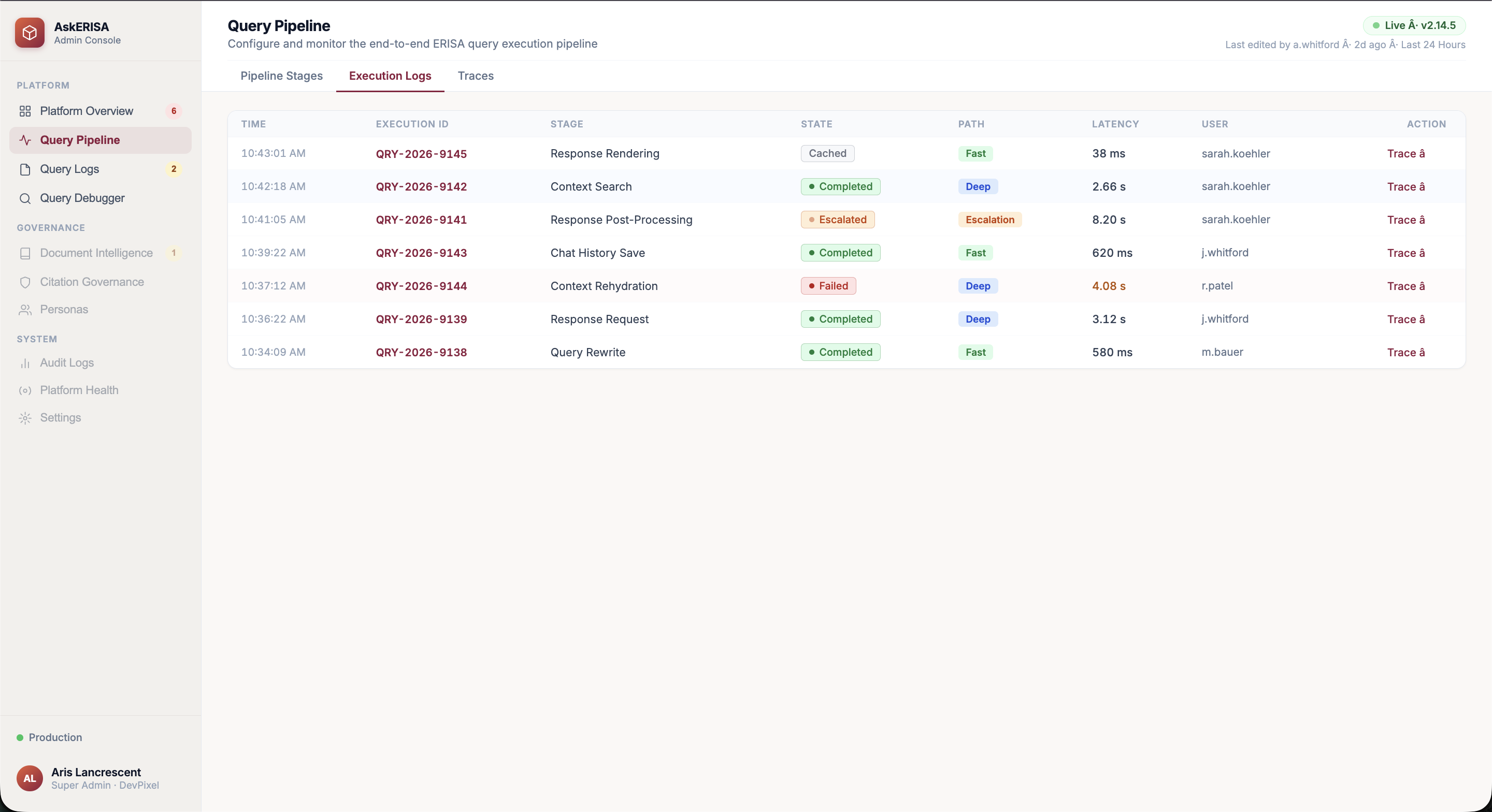 Query pipeline execution traces, including a real failure state